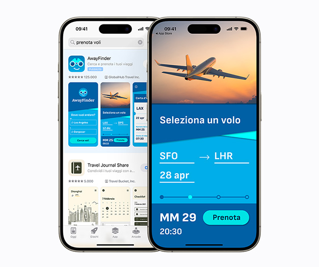 Due iPhone affiancati. Uno mostra un annuncio per i risultati di ricerca dell’app di esempio, AwayFinder, con l’espressione “prenota voli” inserita nella casella di ricerca. L’altro mostra una schermata dell’app AwayFinder con le opzioni per “seleziona un volo” e “prenota ora”.