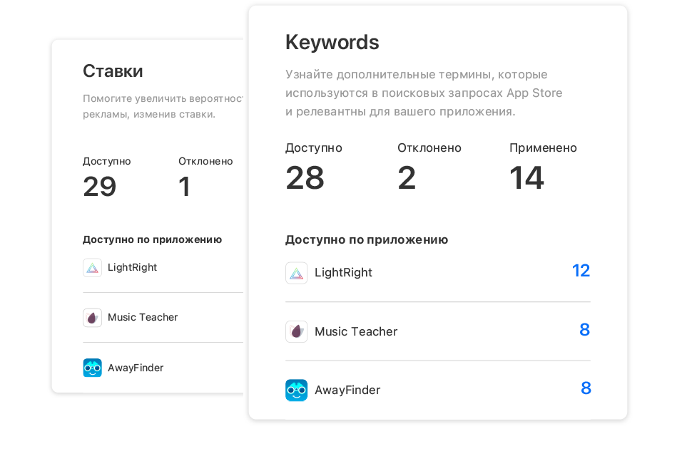 Два модуля со страницы «Рекомендации» в Apple Search Ads Advanced. В одном показано количество рекомендаций по ставкам, доступных для каждого приложения. В другом показано количество рекомендаций по ключевым словам, доступных для каждого приложения.