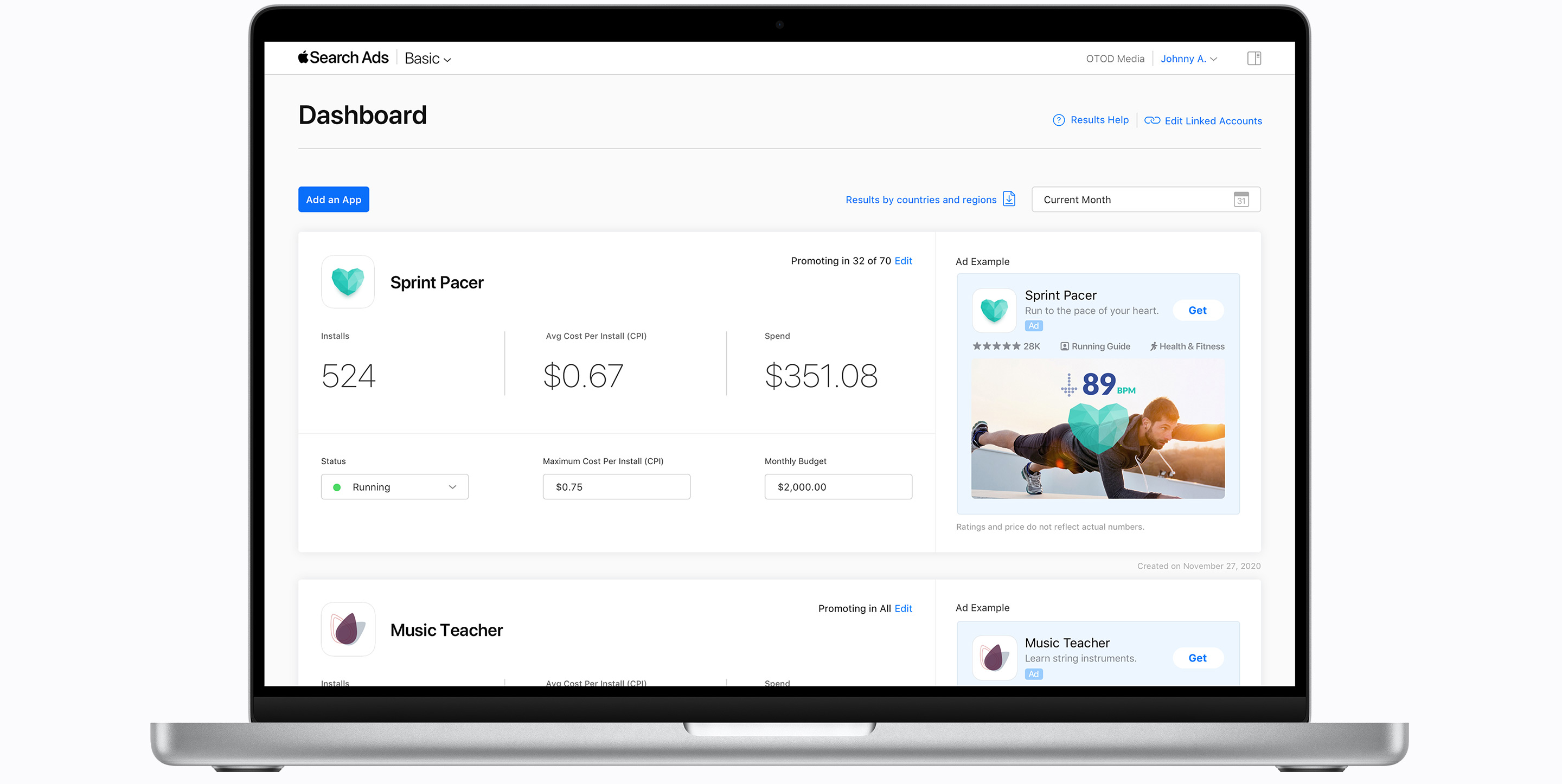 Apple Search Ads Basic dashboard showing reporting for two apps: Sprint Pacer and Music Teacher. Each app has a module and shows number of installs, average CPI, total spend, ad status, maximum CPI, monthly budget, and a preview of the ad.