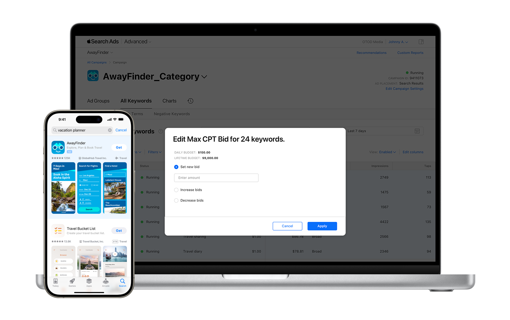 The All Keywords dashboard is open for an example campaign named AwayFinder_Category. A modal says Edit Max CPT Bid for 24 Keywords, and a radio button is selected for the option to Set new bid.