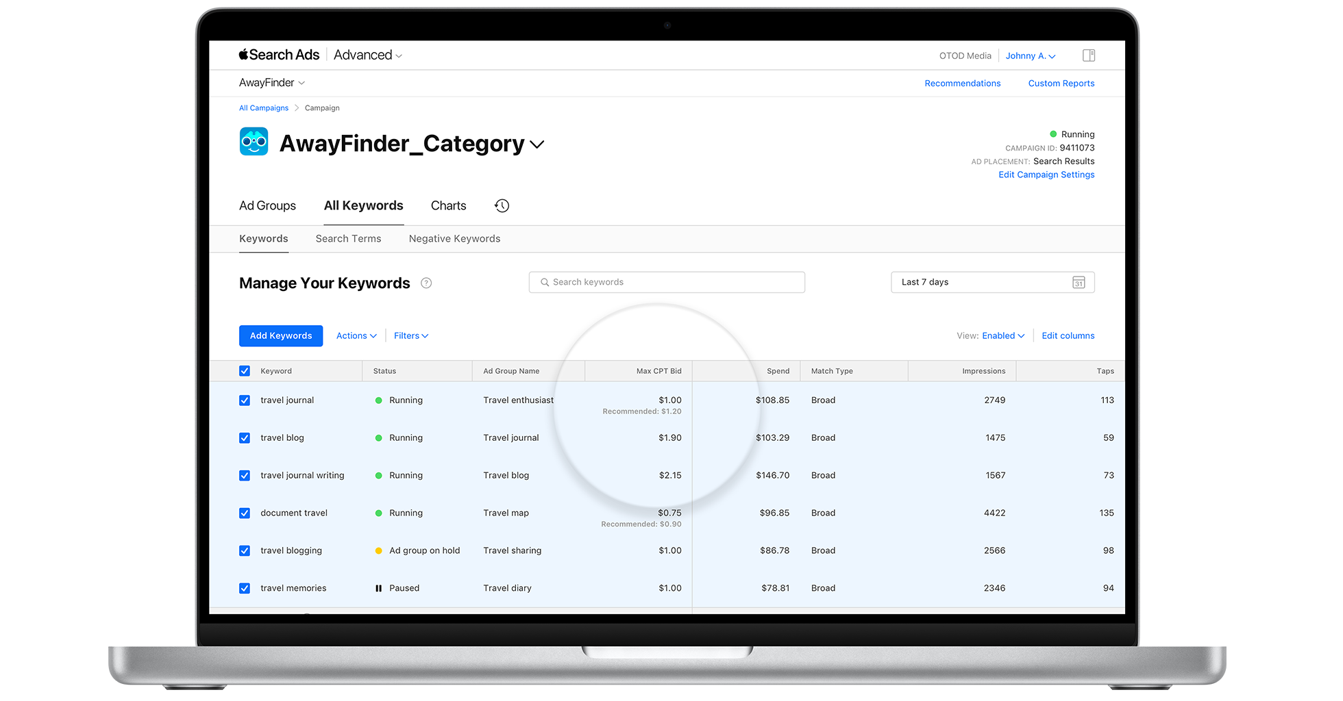 The All Keywords dashboard is open for the example app, AwayFinder. In the Max CPT Bid column, a bid is selected to be edited. Below the current bid amount, a recommended bid amount appears with an Update link. Clicking the link will cause the current bid to be updated to the recommended bid.