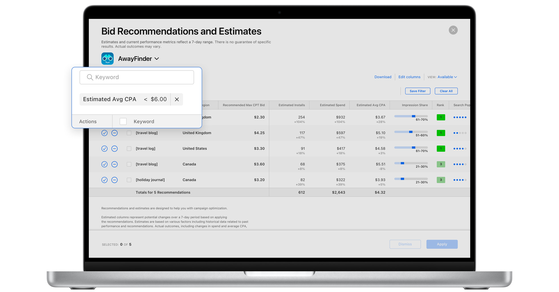 The Bid Recommendations page in Apple Search Ads Advanced with filters set to show only those recommendations that could lead to an estimated average CPA less than $6.00.