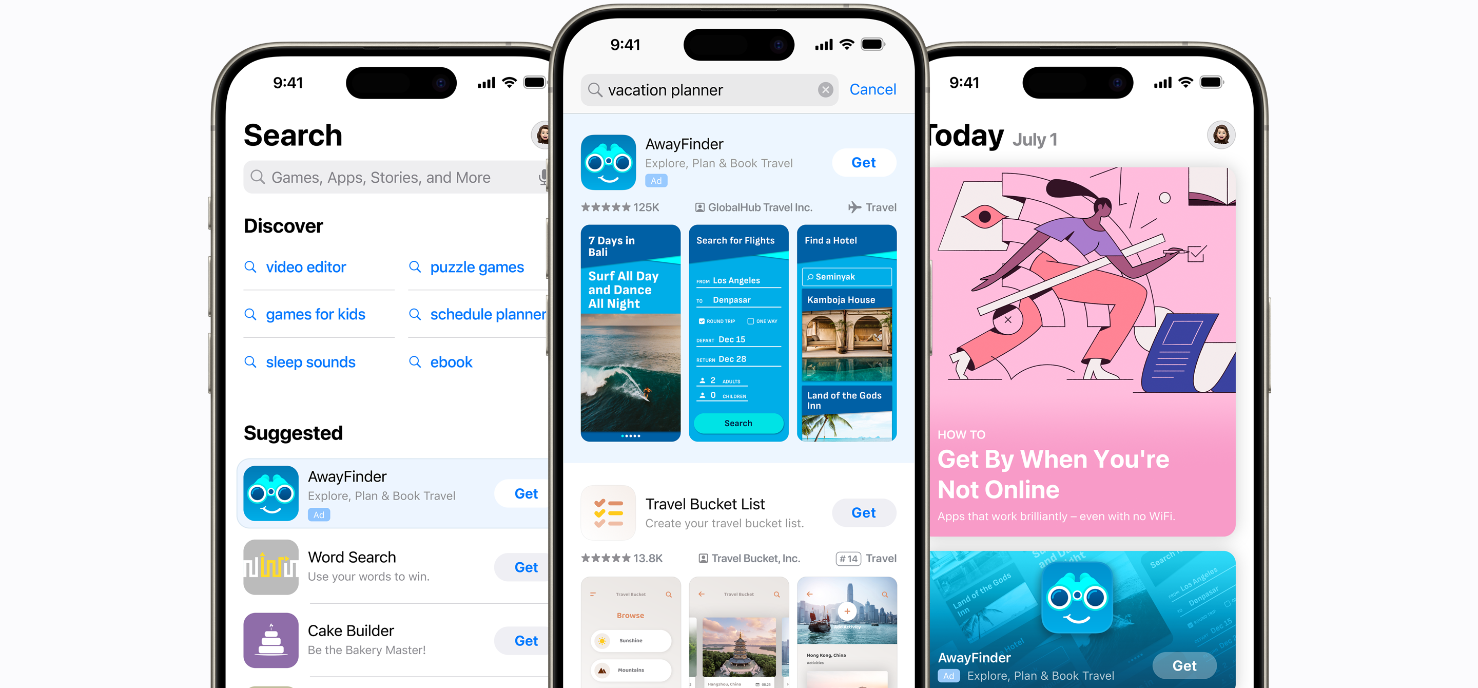 Three iPhones showing different ad placements on the App Store. The first shows the Search tab with an ad for the example app AwayFinder at the top of the Suggested apps list. The second shows a search results ad for AwayFinder appearing at the top of search results for the search term “vacation planner.”. The third shows the Today tab with an ad for AwayFinder prominently placed on the page.