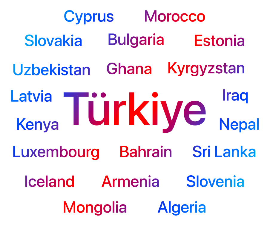 Un elenco dei Paesi e delle aree geografiche in cui Apple Search Ads è ora disponibile. L’elenco include: Turchia, Armenia, Algeria, Bahrein, Bulgaria, Cipro, Estonia, Ghana, Islanda, Iraq, Kenya, Kirghizistan, Lettonia, Lussemburgo, Mongolia, Marocco, Nepal, Slovacchia, Slovenia, Sri Lanka, Uzbekistan.