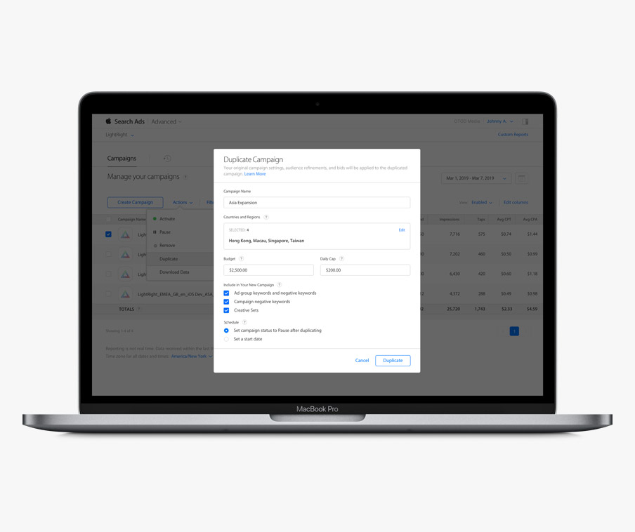 The Campaigns dashboard showing a Duplicate Campaign window.