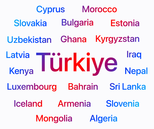 Un elenco dei Paesi e delle aree geografiche in cui Apple Search Ads è ora disponibile. L’elenco include: Turchia, Armenia, Algeria, Bahrein, Bulgaria, Cipro, Estonia, Ghana, Islanda, Iraq, Kenya, Kirghizistan, Lettonia, Lussemburgo, Mongolia, Marocco, Nepal, Slovacchia, Slovenia, Sri Lanka, Uzbekistan.