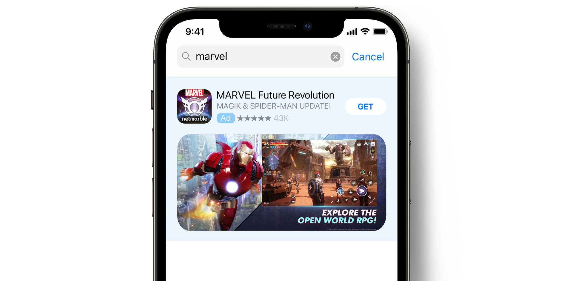 Anúncio da MARVEL Future Revolution na App Store