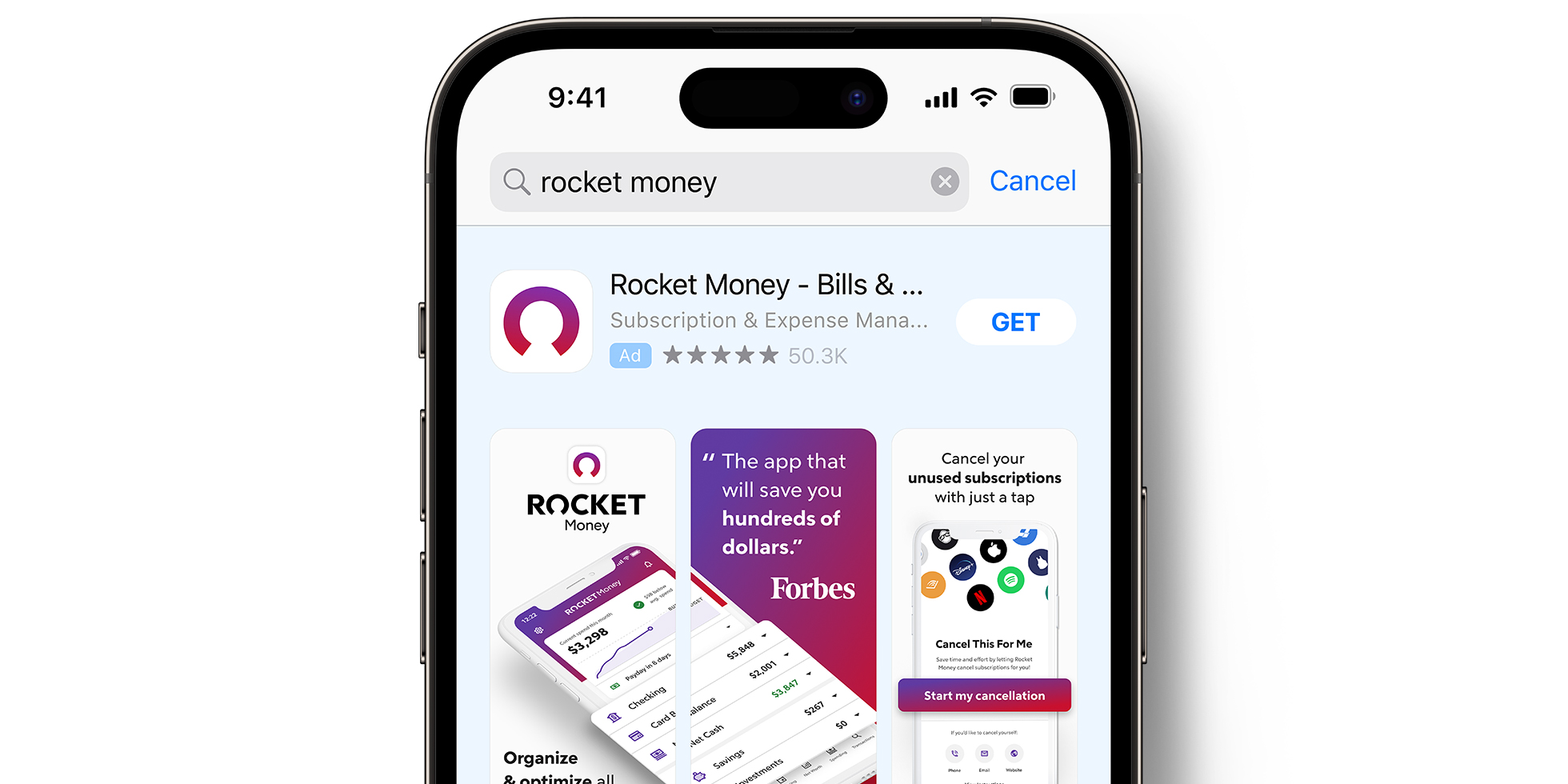 Anúncio da Rocket Money na App Store