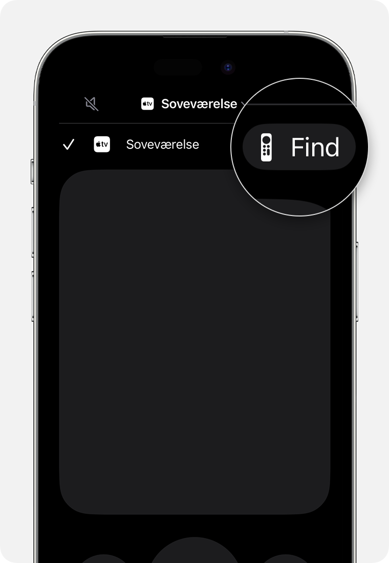 Knappen Find for Apple TV Remote i iOS vises ved siden af den tilknyttede enhed