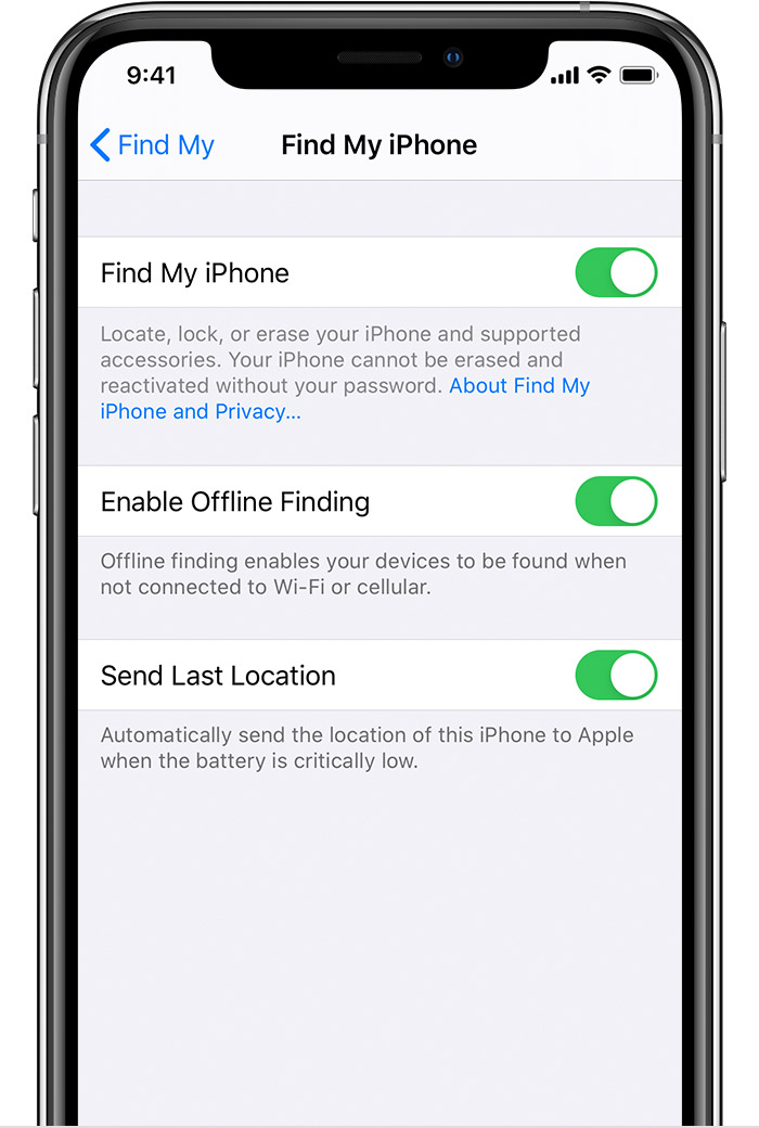 Zaslon naprave iPhone s prikazanimi nastavitvami za Find My iPhone (Najdi mojo napravo iPhone), vključno z »Enable Offline Finding« (Omogoči iskanje brez povezave) in »Send Last Location« (Pošlji zadnjo lokacijo).