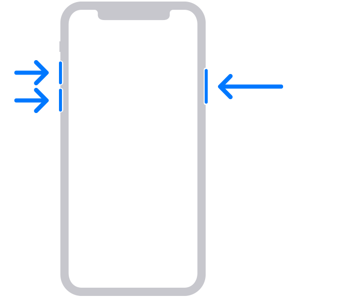 Animasi iPhone dengan tanda panah yang menunjuk ke tombol Volume Naik, lalu ke tombol Volume Turun, kemudian ke tombol samping.