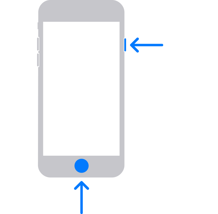 iPhone dengan tanda panah yang mengarah ke tombol Utama dan tombol atas (atau samping)