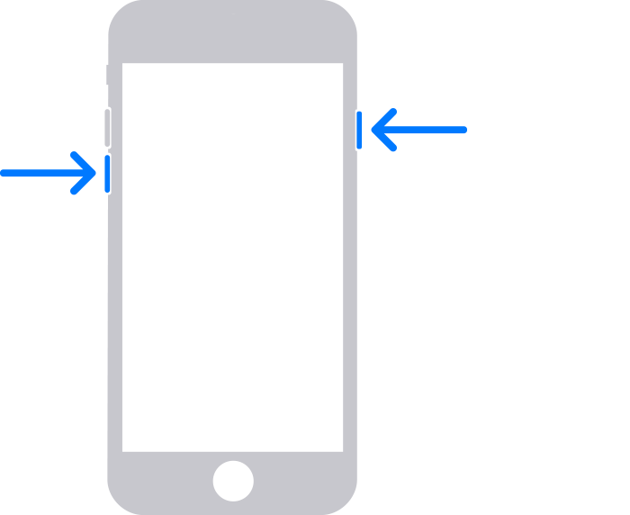 iPhone dengan tanda panah yang menunjuk ke tombol Volume Turun dan tombol atas (atau samping)