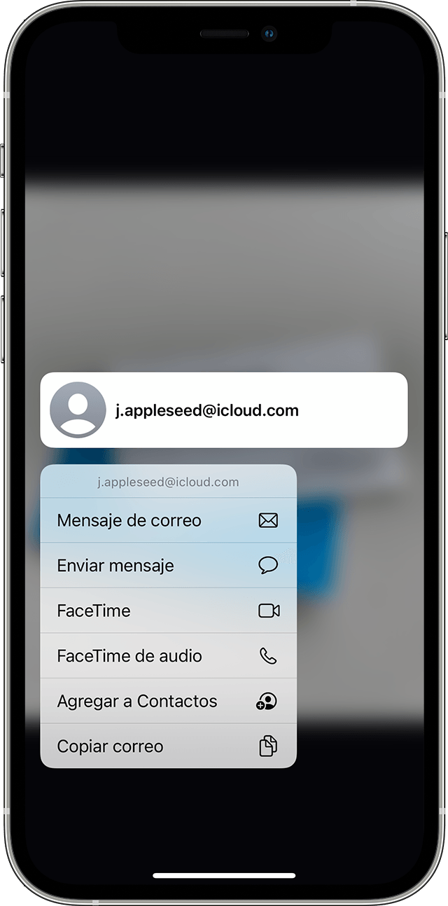 Las opciones para hacer una llamada o enviar un correo electrónico con Texto en vivo en el iPhone