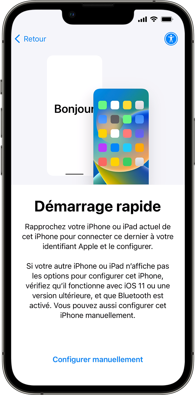 Un nouvel iPhone affichant l’écran Démarrage rapide. Les instructions demandent d’approcher l’ancien appareil du nouveau.