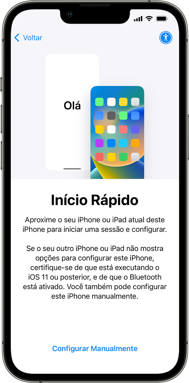 Um novo iPhone mostrando a tela Início Rápido. As instruções orientam a pessoa a colocar o dispositivo antigo próximo ao novo.