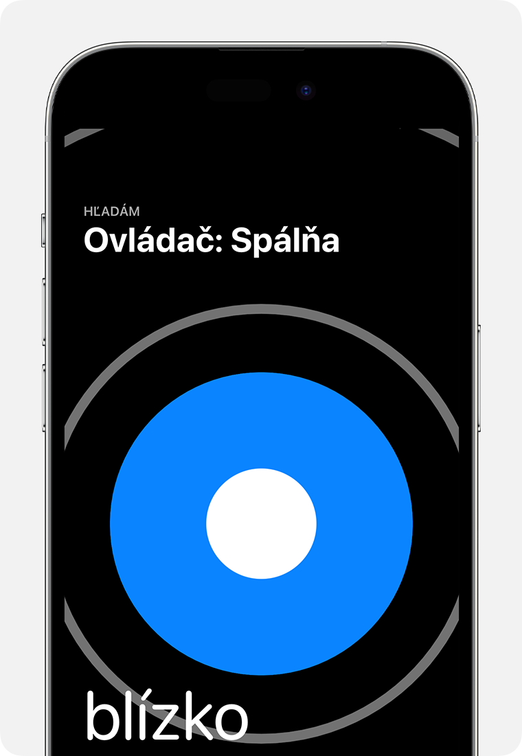 Obrazovka iPhonu s veľkým modrým kruhom so slovom „blízko“