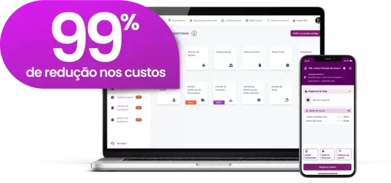 Muckup da plataforma Sólides para DP em um computador e celular. No canto, um balão roxo com o texto 99% de redução de custos.