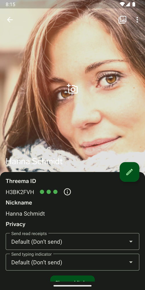 ملف تعريف المستخدم مع تفاصيل الاتصال في برنامج المراسلة Threema messenger