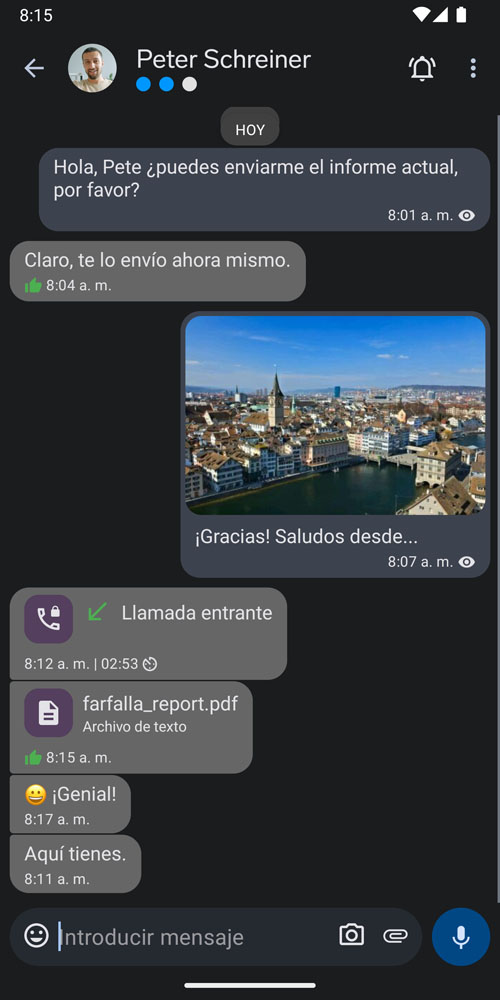 Historial de chat en la app de Threema Work para Android