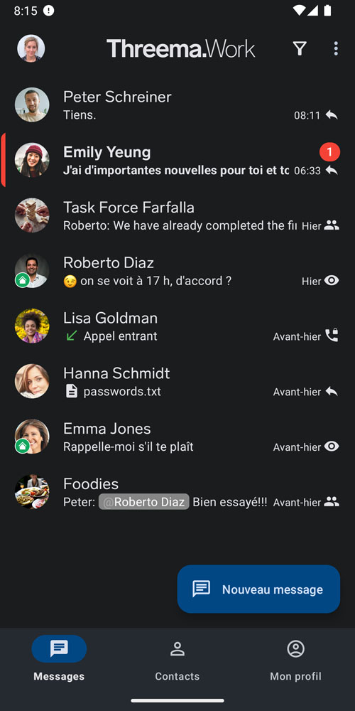 Aperçu des messages dans la version mobile Android de Threema Work