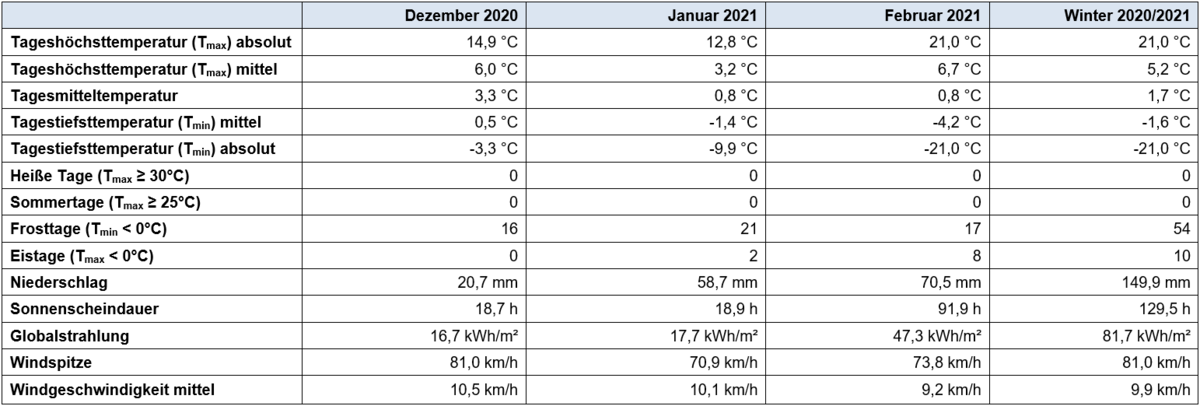 Tabelle mit den wichtigsten Gößen für die einzelnen Monate und den Winter 2020/21 gesamt