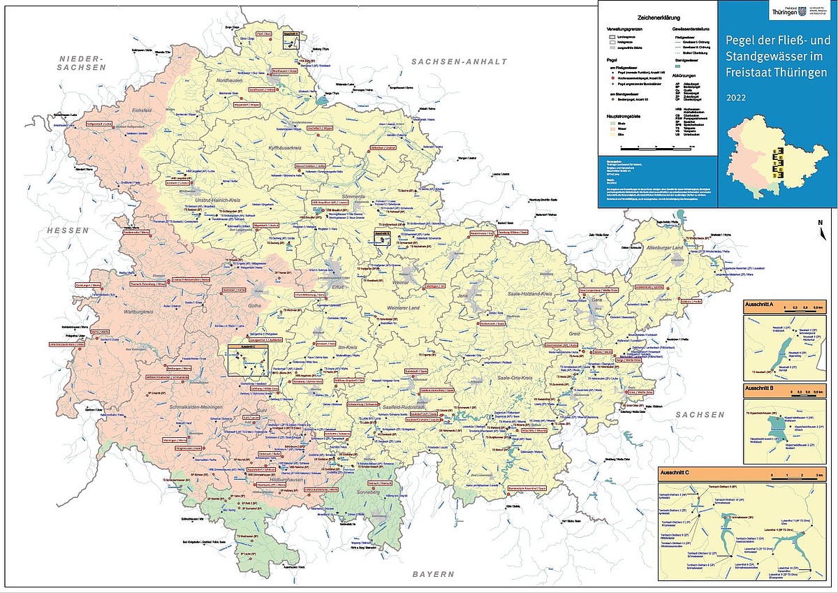 Karte der Thüringer Fließ- und Standgewässer sowie der Pegelstandorte (2022)