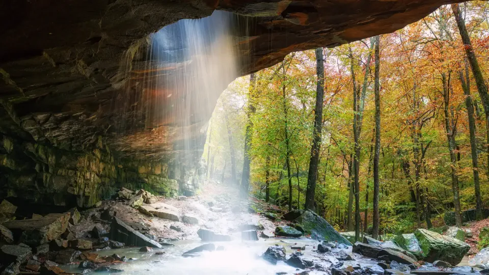 Arkansas Ozark national forest water fall in autumn