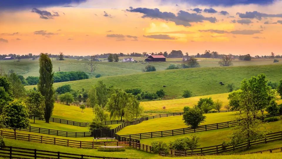 Evening sets on rural Kentucky bluegrass farm with empty paddocks and cows grazing in the distance.