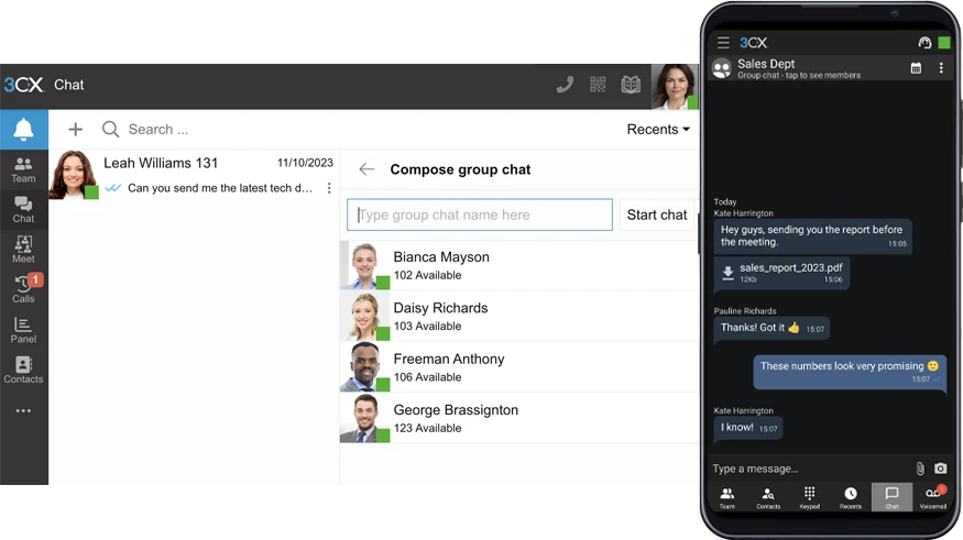 3CX Live Chat Solution - Team can group chat and share files