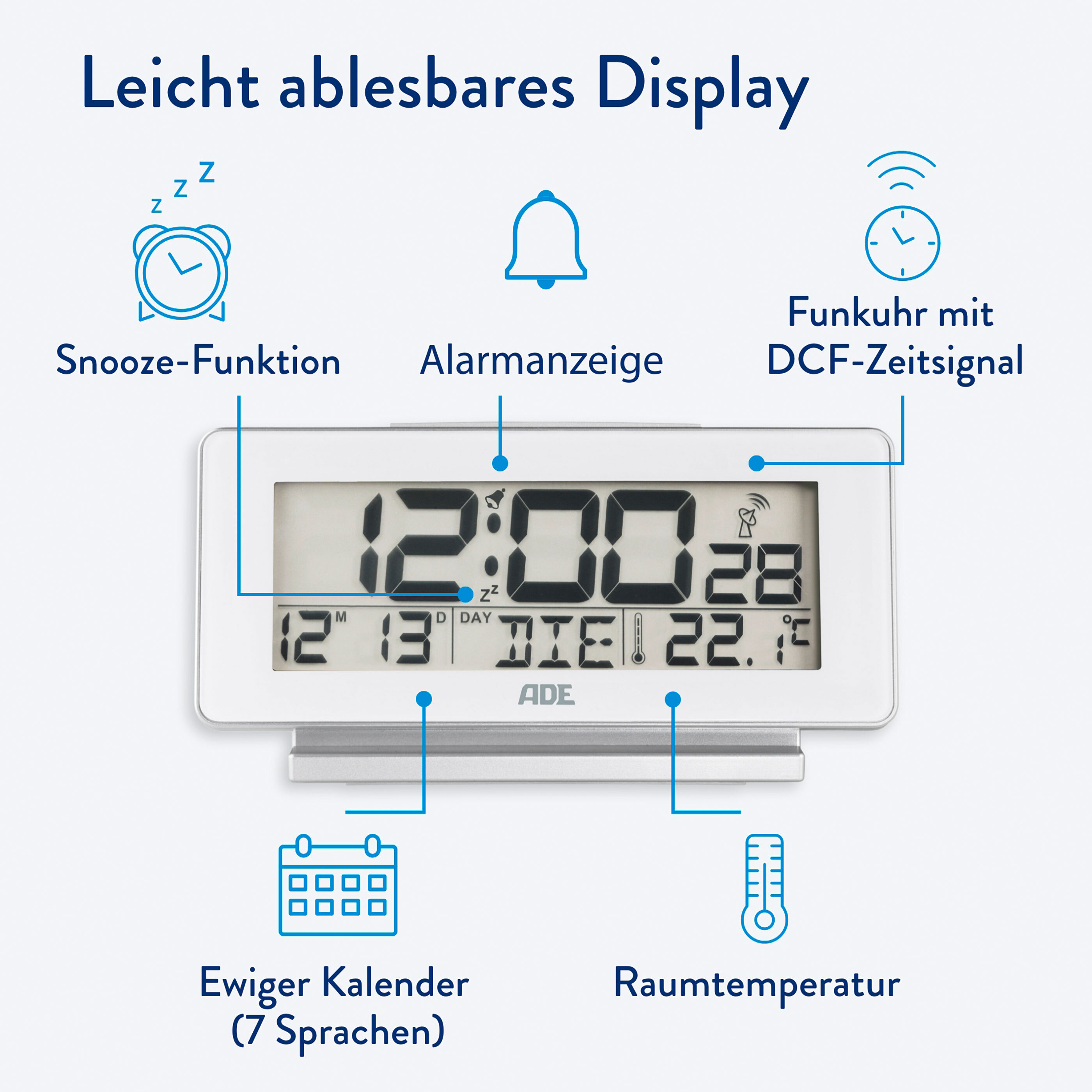 Digitaler DCF-Funkwecker, weiß