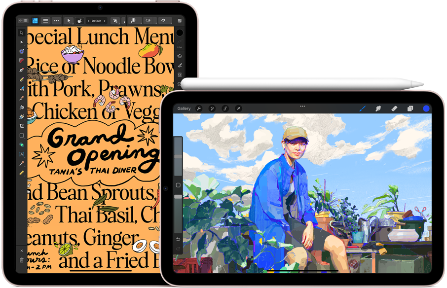 iPad mini on left, portrait orientation, showing a graphic of a dinner menu. To the right, iPad mini, landscape orientation showing an illustration with Apple Pencil 2nd generation attached to the top.