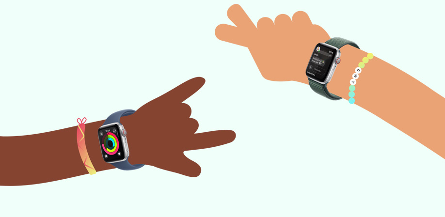 A cartoon child’s arm wearing an Apple Watch SE showing Activity rings, next to a cartoon child’s arm wearing an Apple Watch SE showing the Messages app