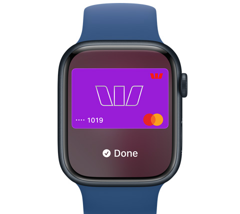 A front view of an Apple Watch. Someone made a payment with Apple Pay.