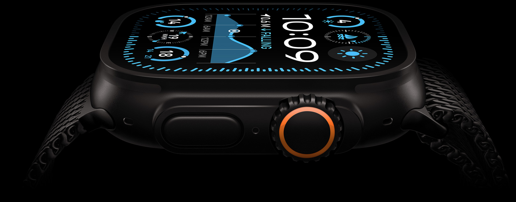 Apple Watch Ultra 2 screen, with a Black titanium case, displaying time, temperature and live activities.