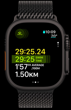 Apple Watch Ultra 2 showing the swim duration, pace and distance as part of the Multisport feature.