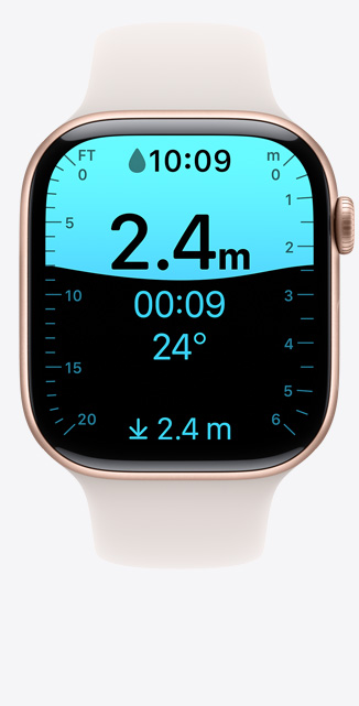 Front view of a Depth app screen on Apple Watch Series 10 showing a dive to 2 metres.