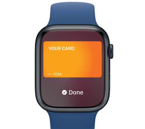 Изглед отпред към Apple Watch. Някой плаща с Apple Pay.