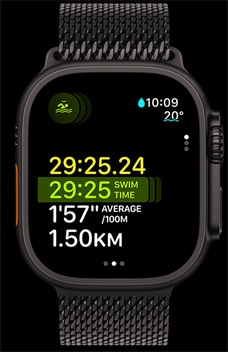 Apple Watch Ultra 2, показващ продължителността, темпото и разстоянието на плуване като част от функцията Multisport.