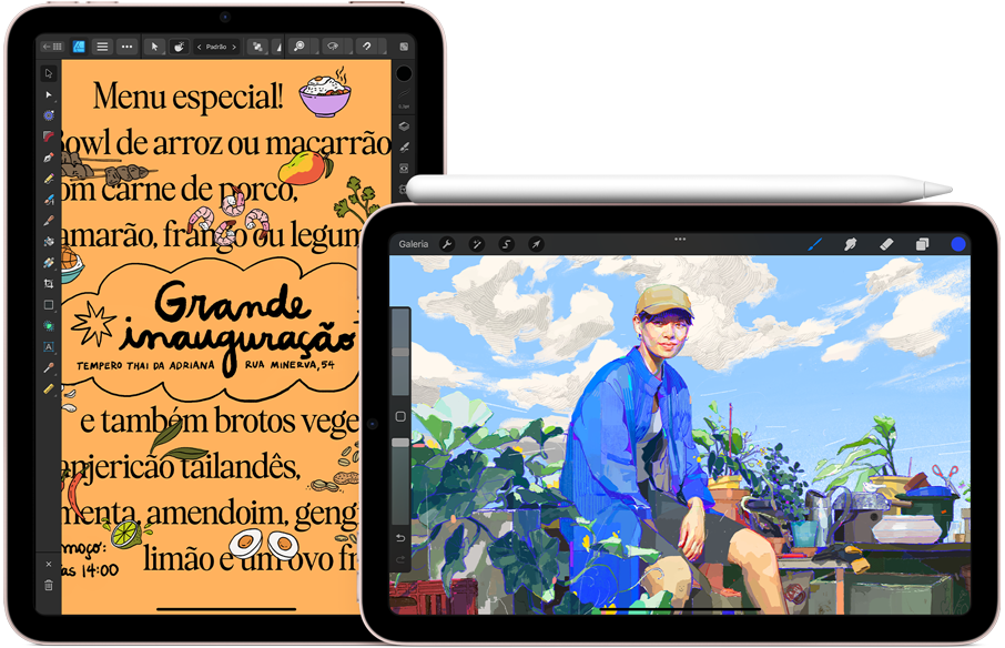 À esquerda, um iPad mini na vertical mostrando um cardápio com ilustrações. À direita, um iPad mini na horizontal com uma ilustração na tela e o Apple Pencil (2ª geração) fixado na parte superior.