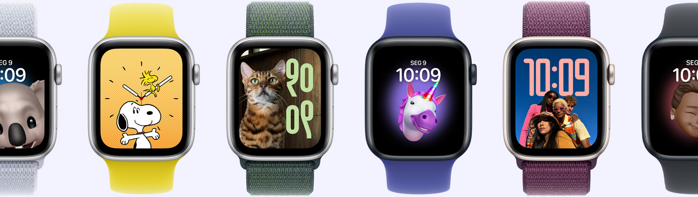 Seis aparelhos Apple Watch mostram diversas opções de mostrador, como Memoji, Fotos, Retrato e Snoopy.