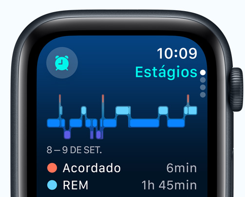 Tela do app Sono com os diferentes estágios, minutos sem dormir e minutos na fase REM