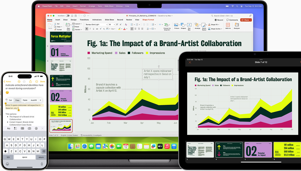 O Notas e o Microsoft PowerPoint são mostrados no iPhone, no MacBook e no iPad