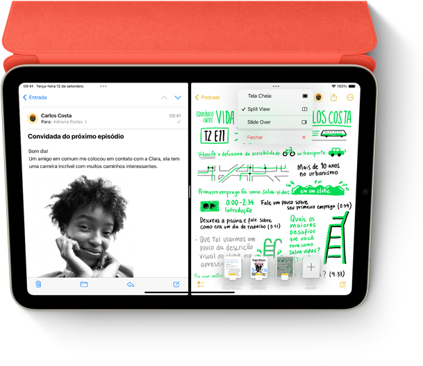 Uma mensagem no Mail e uma nota escrita à mão no app Notas exibidas em Split View em um iPad com Smart Folio e Apple Pencil