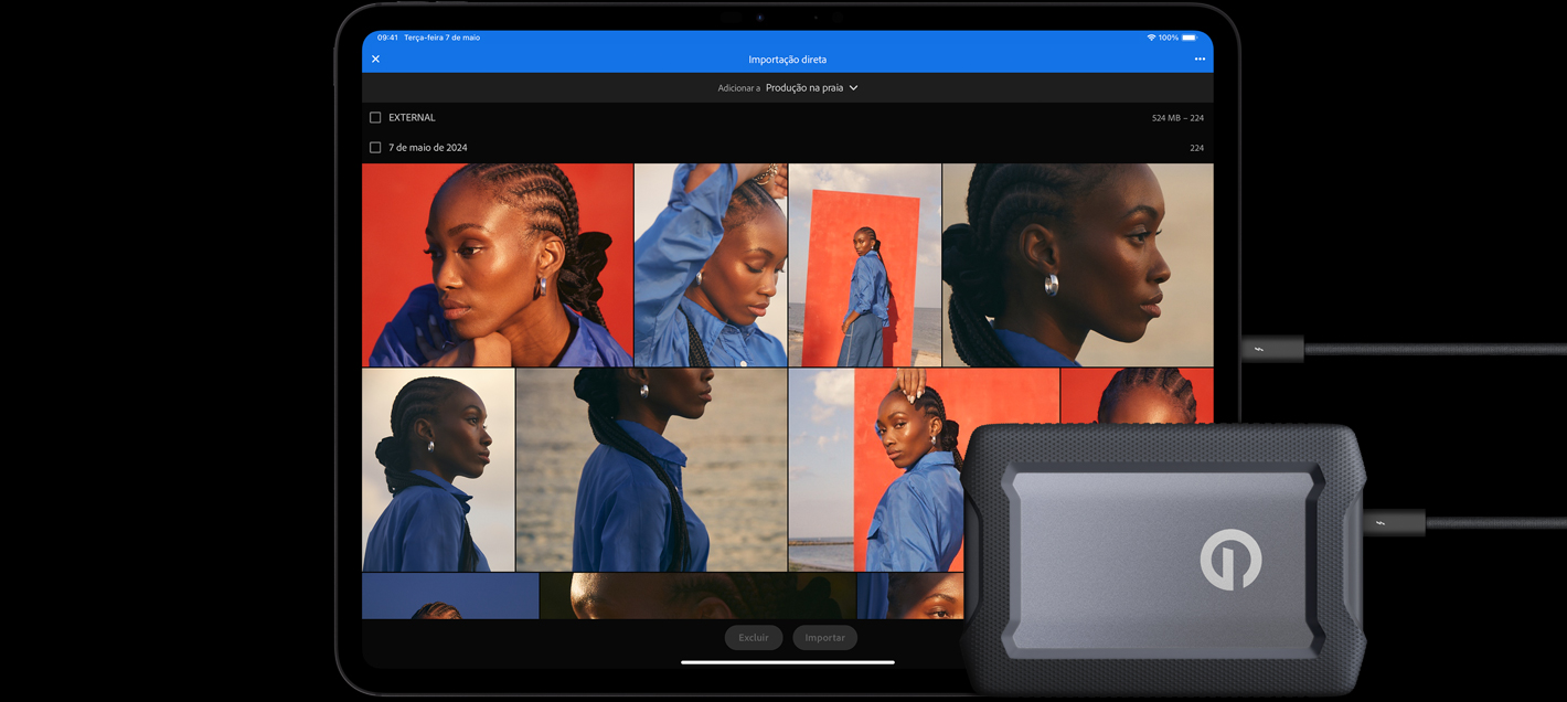 iPad Pro na horizontal, mostrando várias fotografias na tela, disco rígido externo na frente do iPad, conectado a um cabo.