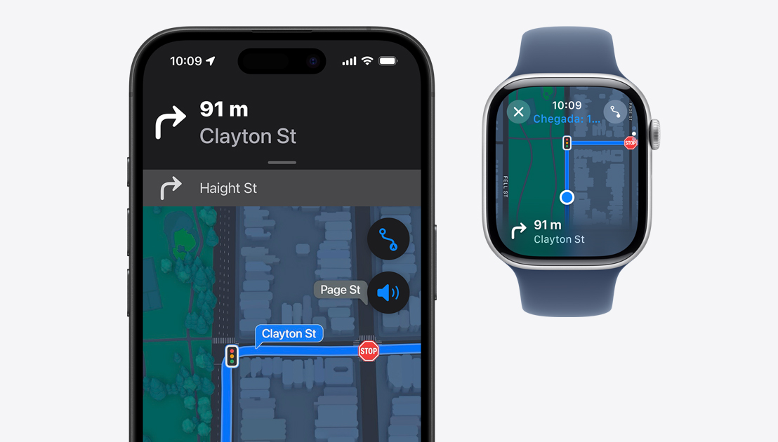 Instruções de navegação mostradas no iPhone e no Apple Watch.