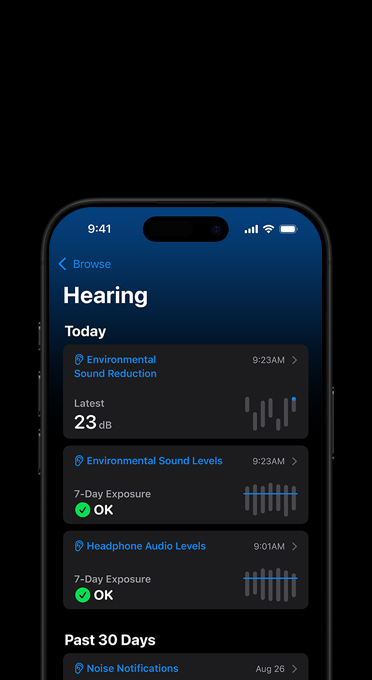 The right side of a woman's head. AirPods Pro is in her ear. A circular graphic eminates from AirPods Pro.