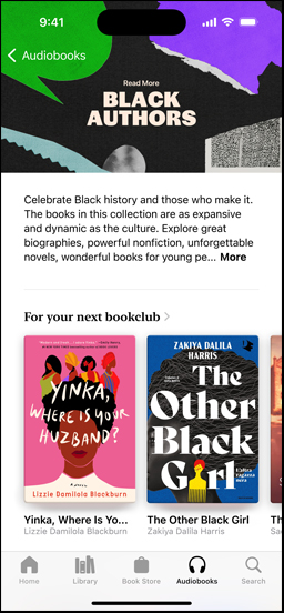 iPhone screen showing the Read More Black Authors section in the Books app, which includes an introduction about published Black authors. Below is the New and Coming Soon section, featuring two audiobooks