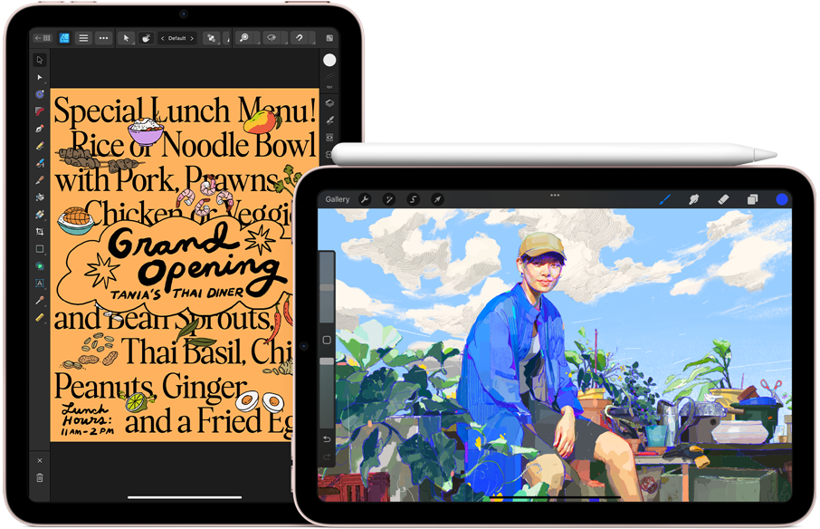 iPad mini on left, portrait orientation, showing a graphic of a dinner menu. To the right, iPad mini, landscape orientation showing an illustration with Apple Pencil 2nd generation attached to the top.