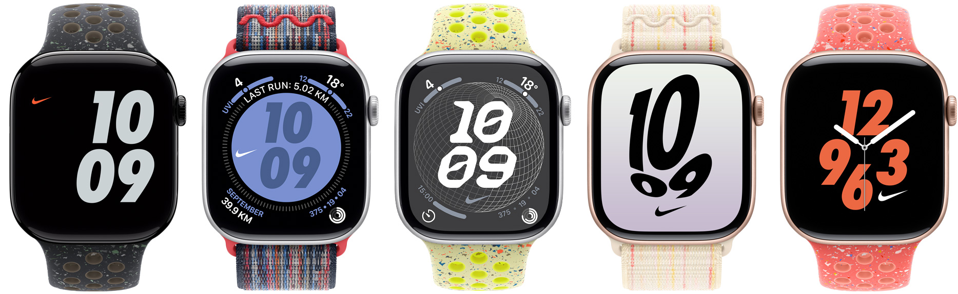 Five Apple Watch devices attached to Nike Sport Bands and Nike Sport Loops, showing Nike watch faces configured in various colours